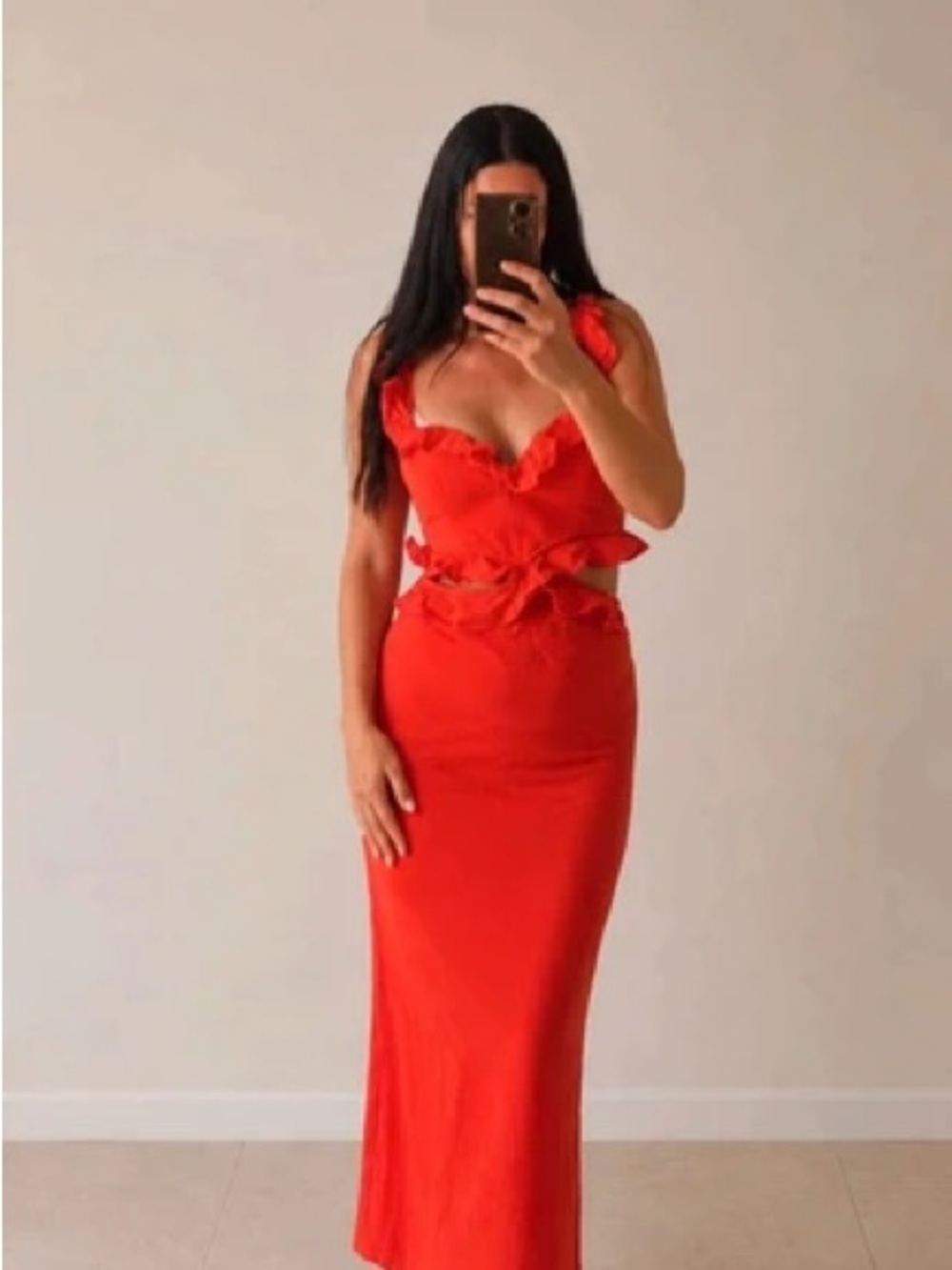 JLUXLABEL Coral Red Maxi Dress with Zip Detail